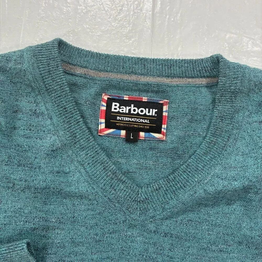 Barbour International Cotton V-Neck Pullover Sweater Men's L Blue Green